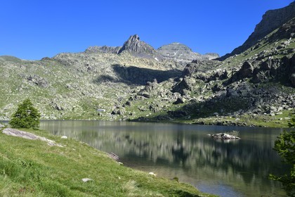 France, Alpes-Maritimes, parc national du Mercantour (Mercantour National Park), the Vallee des Merveilles (Valley of Wonders) scattered with thousands of rupestral engravings of the Bronze Age, Upper Long Lake, the Mont des Merveilles (2720m) in the center, Mount Bego (2872m) on the right and Mont Grand Capelet (2915 m) in the background