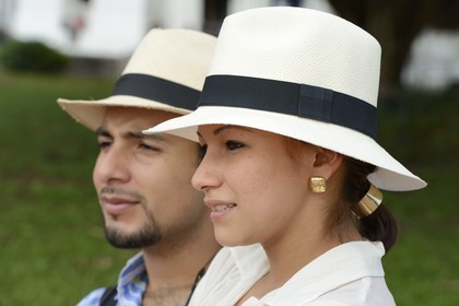 Panama, Panama City, historic town listed as World Heritage by UNESCO, Casco Antiguo (Viejo), woman and man wearing a Panama hat