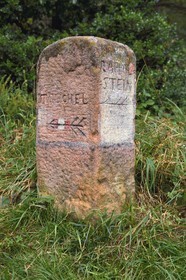 France, Haut-Rhin (68), Thannenkirch, randonnée dans le massif du Taennchel, borne de direction en grès