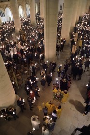France, Meurthe-et-Moselle, Saint Nicolas de Port, Basilica of Saint Nicolas, torchlight procession which has been celebrated since 1245 on the occasion of Saint Nicholas, the relic of Saint Nicolas blessing dexter (according to tradition it is the bones of a joint of the right hand of the bishop) that is kept in a reliquary arm of the late 19th century in silver, gold, enamel and diamonds