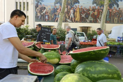 France, Rhone, Lyon, fresco on the west facade of the Bourse du Travail (Labour Exchange) on place Guichard, market day