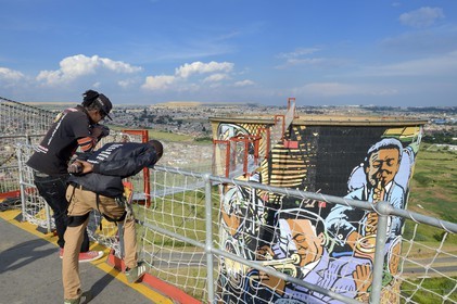 South Africa, Gauteng Province, Johannesburg, Orlando Towers overlooking the Orlando area of ​​Soweto and home of the Vertical Adventure Centre, one the two cooling towers from the Orlando Power Station
