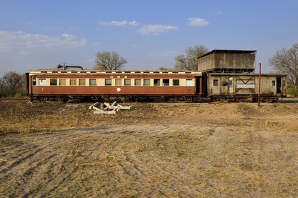 Zimbabwe, Matabeleland North Province, Hwange National Park, old railway abandoned car at Kennedy train station