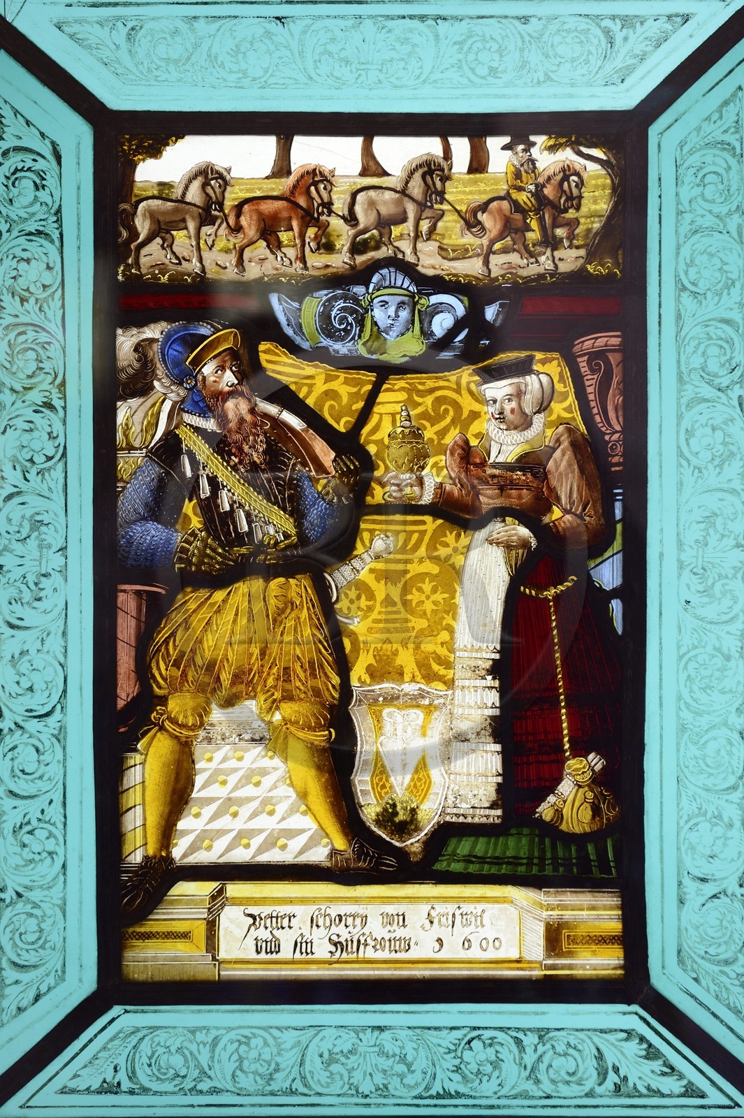 Portugal, région de Lisbonne, Sintra, le Palais national de Pena (Palacio Nacional da Pena), classé Patrimoine Mondial de l'UNESCO, vitrail