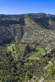 France, Herault, the Causses and the Cevennes, Mediterranean agro pastoral cultural landscape, listed as World Heritage by UNESCO, Saint Maurice Navacelles, Cirque de Navacelles with the rock of the Virgin surrounded by a oxbow of the river La Vis, view from the belvedere side of Blandas in the Gard