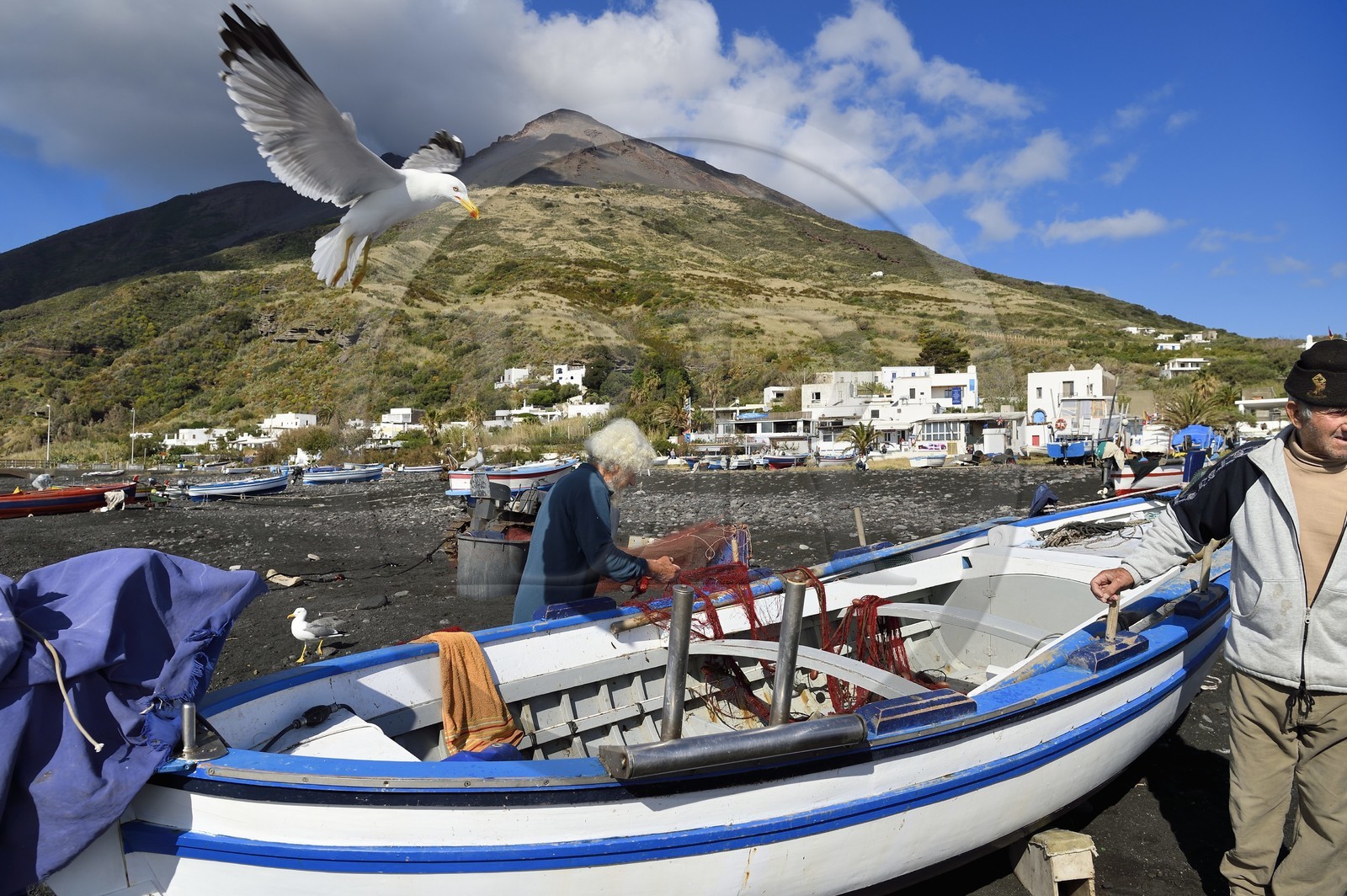 Italie, Sicile, iles Eoliennes, classées Patrimoine Mondial de l'UNESCO, ile de Stromboli, le pecheur Roberto Cusolito vidant ses poissons sur la plage de Scari et le volcan du Stromboli en arrière plan