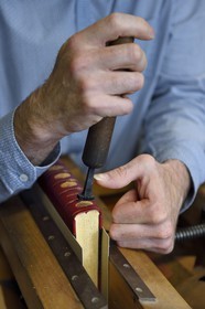 France, Dordogne, White Perigord, Perigueux, Christophe Legrand in his art bindery, foil and cardboard workshop