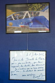 France, Bouches du Rhone, Salon de Provence, air base 701, base of the Patrouille de France (PAF for Patrouille acrobatique de France) of the French Air and Space Force, souvenir photo of President Macron in the co-pilot position for a flight carried out on July 8, 2022