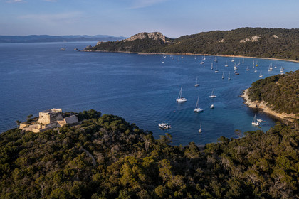 France, Var, Iles d'Hyeres, Parc National de Port Cros (National park of Port Cros), Porquerolles island, the Alycastre Fort with an exterior wall star shaped (aerial view)