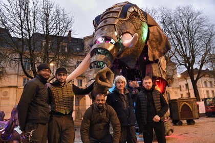 France, Meurthe-et-Moselle, Nancy, preparations for the parade of Saint-Nicolas place Carnot, the Planète Vapeur team in front of Elephantasia