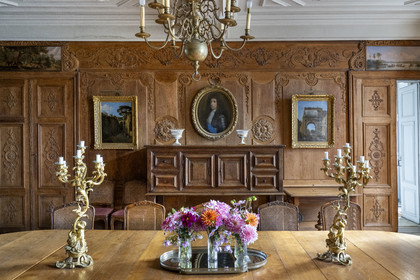 France, Côte-d'Or (21), Epoisses, le château d'Epoisses, portrait de Louis XIV dans la salle à manger actuelle