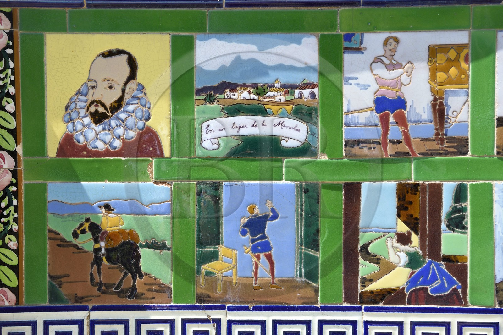 France, Alpes-Maritimes (06), Menton, Jardin Fontana Rosa, Rotonde de Cervantès, bancs décorés de carreaux de céramique illustrant les aventures de Don Quichotte