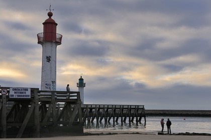 France, Calvados, Pays d'Auge, Trouville sur Mer, lighthouses at the exit of the port's channel and the Touques river