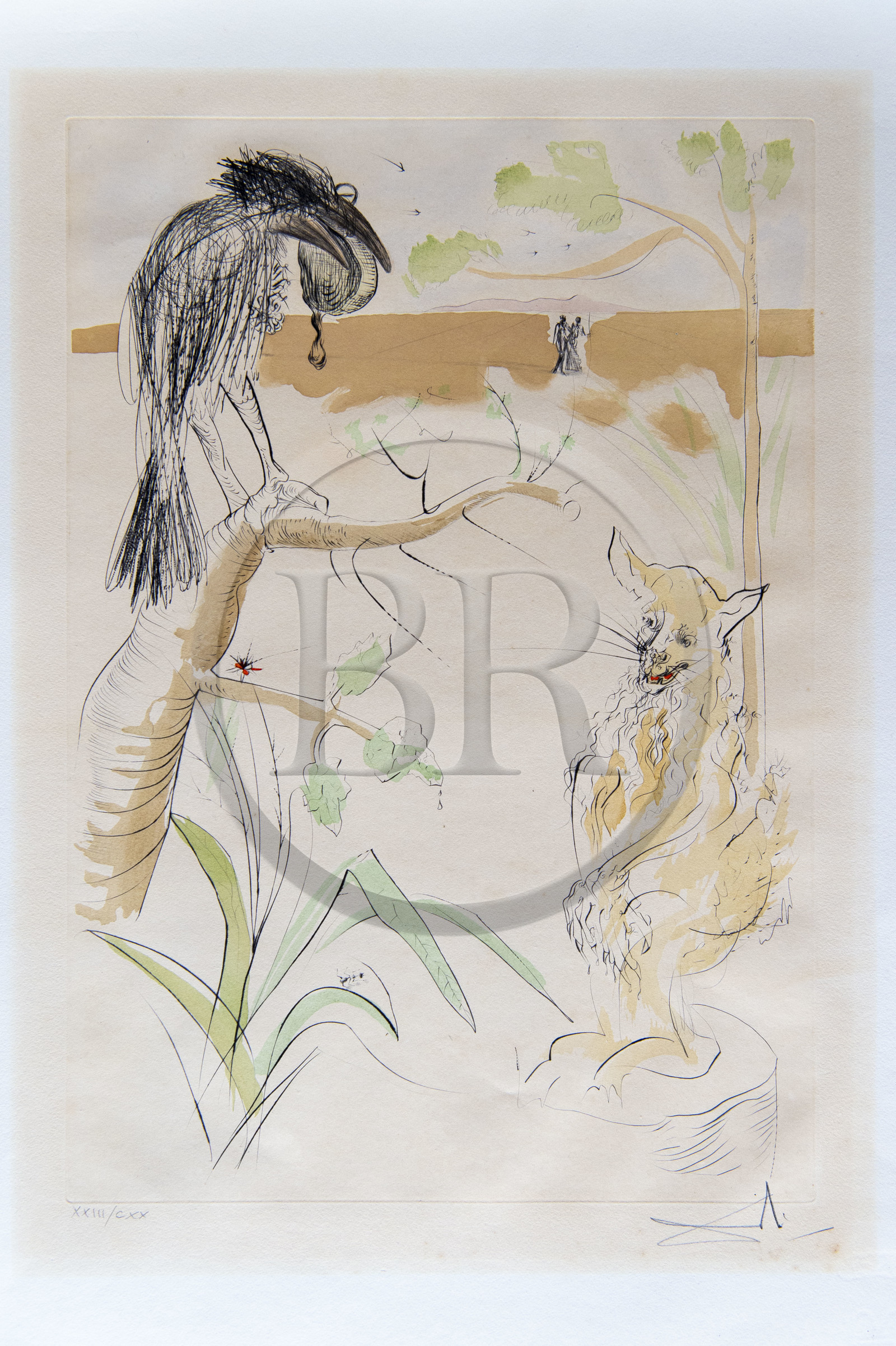 France, Aisne (02), Château-Thierry, Musée Jean de La Fontaine - Ville de Chateau-Thierry, illustrations des Fables de La Fontaine, Le Corbeau et le Renard fable II du livre I, estampes de Salvador Dali, 1976, pointe sèche sur papier vélin, rehauts de couleurs au pochoir
