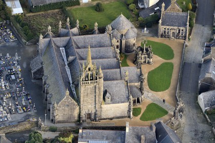 France, Finistere, Guimiliau, the church and the calvary in the Parish close (enclos paroissial) (aerial view)
