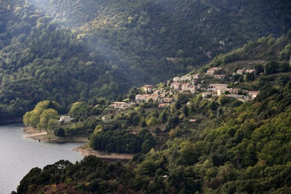 France, Corse du Sud, Prunelli river valley,  the village of Tolla at the edge of the artificial lake of Tolla from the Scalledda pass