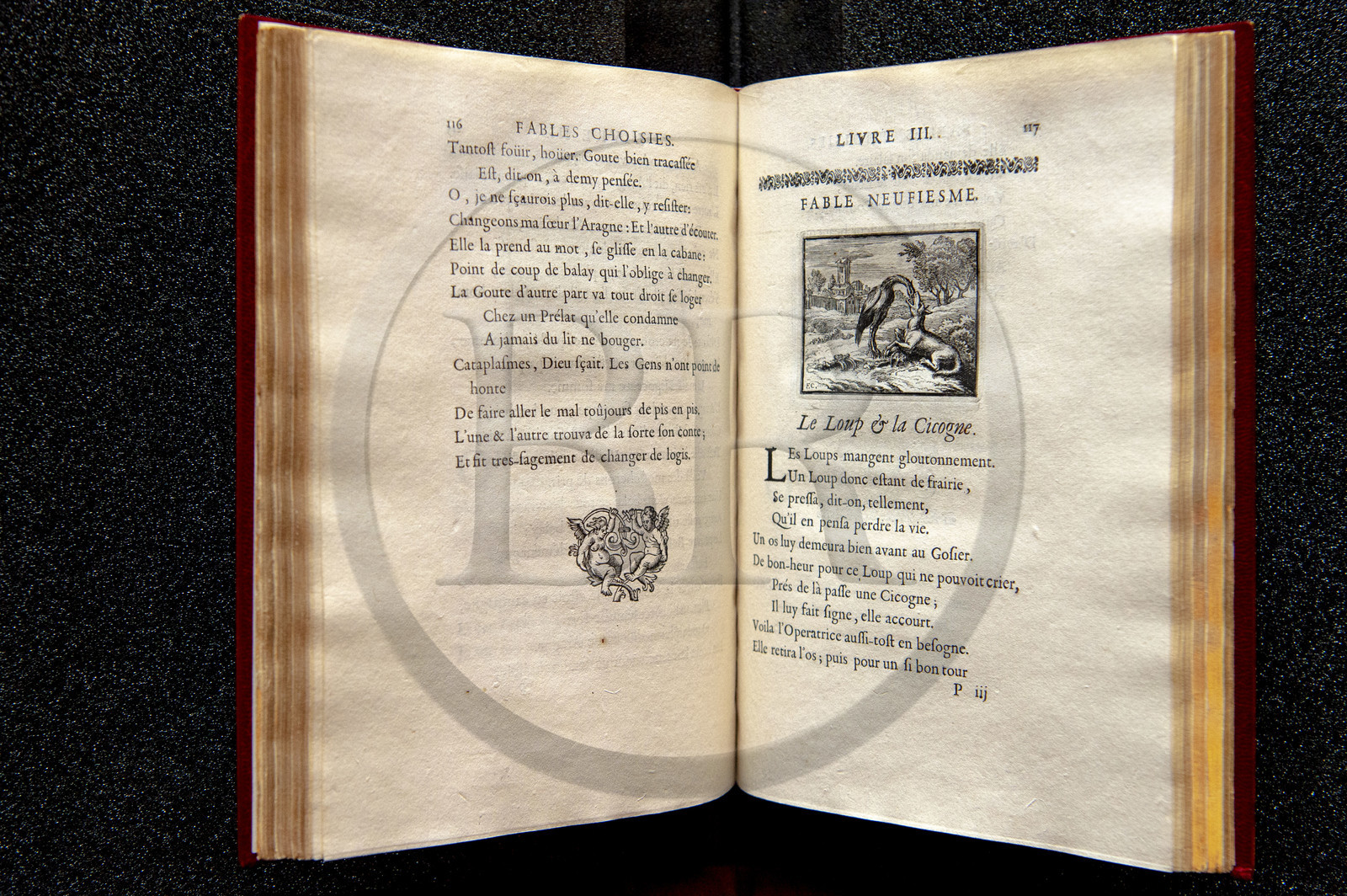 France, Aisne (02), Château-Thierry, Musée Jean de La Fontaine - Ville de Chateau-Thierry, première édition du livre des Fables de La Fontaine, Edition Claude Barbin et Denys Thierry, 1668, in-4, illustrées par François Chauveau, Le Loup et la Cigogne fable IX du livre III France, Aisne (02), Château-Thierry, Musée Jean de La Fontaine - Ville de Chateau-Thierry, première édition du livre des Fables de La Fontaine, Edition Claude Barbin et Denys Thierry, 1668, in-4, illustrées par François Chauveau, Le Loup et la Cigogne fable IX du livre III