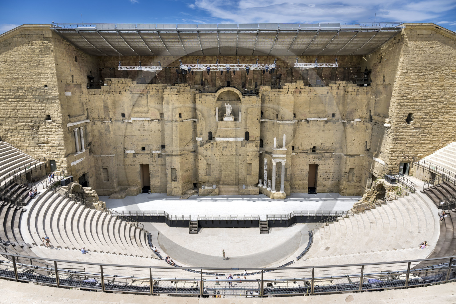 France, Vaucluse, Orange, the Roman theatre listed as World heritage by UNESCO, built during the reign of Augustus in the 1st century, the niche in the stage wall houses a colossal statue supposed of Emperor Augustus, 3.50 m high, whose head is not original