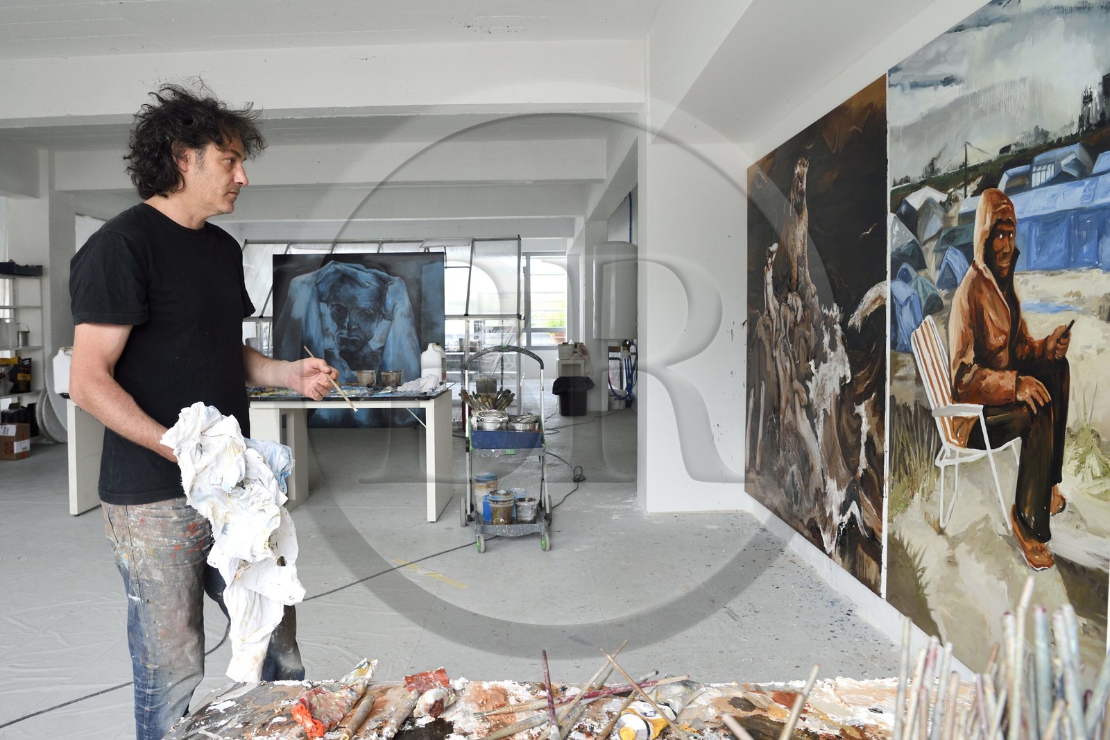 France, Val-de-Marne (94), Yvry-sur-Seine, Atelier de Fred Kleinberg, travail pour l'exposition Odyssée