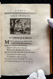 France, Aisne, Château-Thierry, Jean de La Fontaine Museum - city of Chateau-Thierry, first edition of the La Fontaine's Fables book, Edition Claude Barbin and Denys Thierry, 1668, in-4, illustrated by François Chauveau, The Raven and the Fox fable II from book I