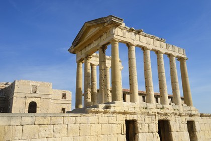 France, Bouches du Rhone, Marseille, Calanques National Park, archipelago of Frioul islands, Ratonneau island, the Caroline Hospital ruins and its church looking like of a Greek temple