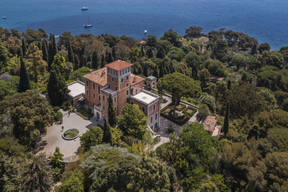 Italy, Liguria, Province of Imperia, Ventimiglia, Hanbury Botanical Garden around the Palazzo Orengo (aerial view)