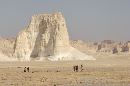 Egypt, Libyan Desert, group of hikers in the White Desert North of Farafra