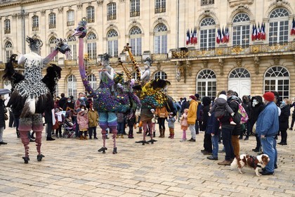 France, Meurthe-et-Moselle (54), Nancy, place Stanislas (ancienne Place Royale) lors de la fête de la Saint-Nicolas, classée Patrimoine Mondial de l'UNESCO, les Struzzi autruches de la compagnie Teatro Pavana