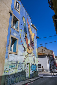 France, Herault, Sete,  Quartier Haut (the Upper Quarter), mural fresco which is part of the MACO (Musee à ciel ouvert) - Open-air museum, Mythology by the artist Bault in rue Louis Blanc