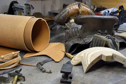 France, Gard, Fourques, saddlery and harness manufacturing in Victor Mailhan's workshop, saddle of camarguais gardian