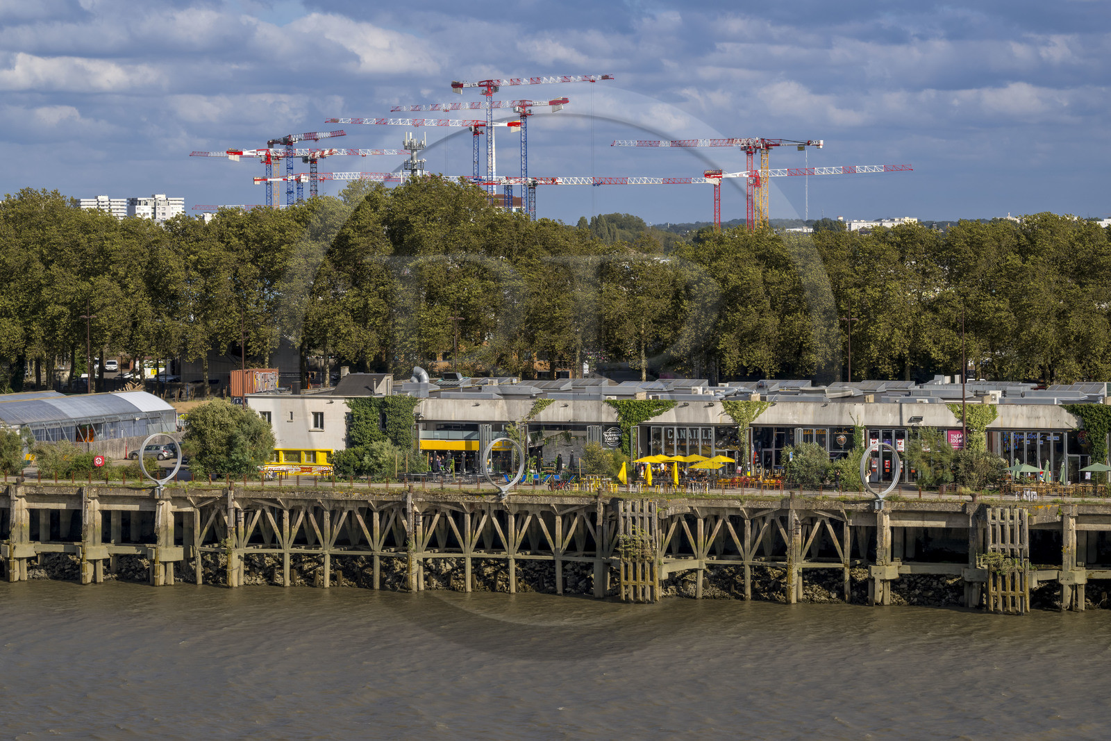 France, Loire-Atlantique (44), Nantes, Ile de Nantes, le Hangar à Bananes et les anneaux de Buren sur les quais de Loire depuis les hauteurs de Chantenay, les grues du chantier du nouvel hopital en arrière plan