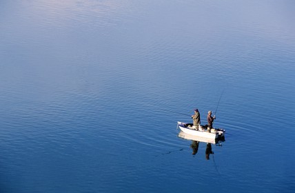 France, Pyrenees Orientales, fishermen on Lake Caramany in Fenouilledes