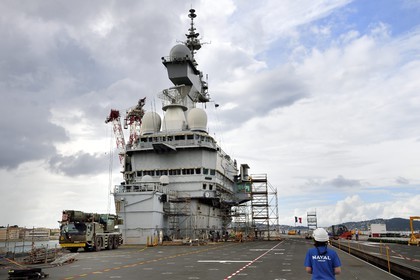 France, Var, Toulon, the naval base (Arsenal), the Charles de Gaulle nuclear-powered aircraft carrier on mid-life renovation, the flight deck and the the central island