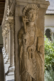 France, Bouches du Rhone, Aix en Provence, Saint Sauveur Cathedral (12th to 16th century), Romanesque cloister from the end of the 12th century, on the north-eastern pillar the representation of Saint Peter who holds in his right hand the large key to the holy book, the Bible, held in his left hand