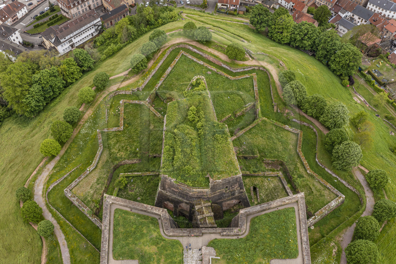 France, Moselle (57), Parc régional des Vosges du nord, Bitche, la citadelle fortifiée par Vauban (vue aérienne)