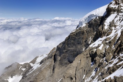Switzerland, Canton of Bern, Bernese Oberland, Jungfrau Aletsch Bietschhorn (3 454 m) called the Top of Europe, listed as World Heritage by UNESCO, glacier on the Nollen route on the Mönch mountain seen from the Sphinx observatory