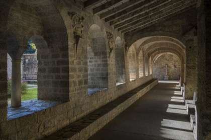 France, Herault, the Causses and the Cevennes, Mediterranean agro pastoral cultural landscape, listed as World Heritage by UNESCO, Saint Guilhem le Desert, labelled Les Plus Beaux Villages de France (The Most Beautiful Villages of France), the 9th century Gellone abbey, the cloister