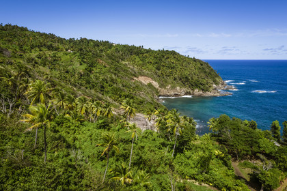Caraïbes, Ile de la Dominique, Salybia, Territoire Kalinago, Kalinago Barana Autê (le village Caraïbe en bord de mer) (vue aérienne)