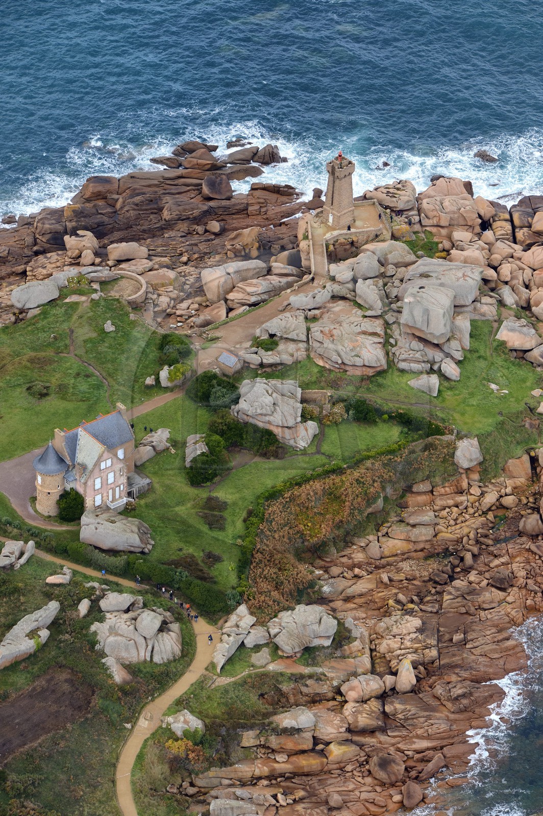 France, Cotes-d'Armor, Cote de Granit Rose (the Pink Granite coast), Perros Guirec, Ploumanach, Pointe de Squewel and Mean Ruz Lighthouse (aerial view)