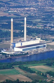 France, Yvelines, Porcheville power plant along the Seine river (aerial view)