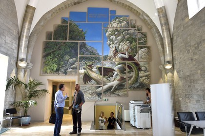 France, Var, Draguignan, fresco depicting St Hermentaire killing the dragon in the City Hall lobby, the mayor Richard Strambio left