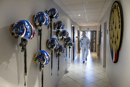 France, Bouches du Rhone, Salon de Provence, air base 701, base of the Patrouille de France (PAF for Patrouille acrobatique de France) of the French Air and Space Force, Captain Cédric Queyranne comes to collect his helmet in the corridor of the Patrouille de France premises