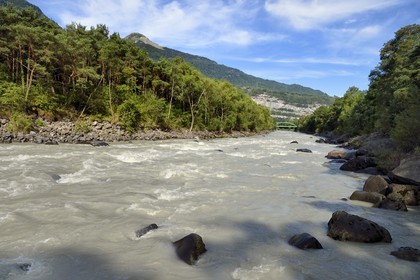 Switzerland, Canton of Vaud, Lavey-Morcles, the Rhone river still tumultuous a few kilometers upstream from Lake Geneva