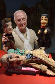 France, Rhone, Lyon, La Croix Rousse District, Guignol un gone de Lyon (Guignol a kid from Lyon) company, the puppeteer Daniel Streble with two of his Guignol that are over 180 years old