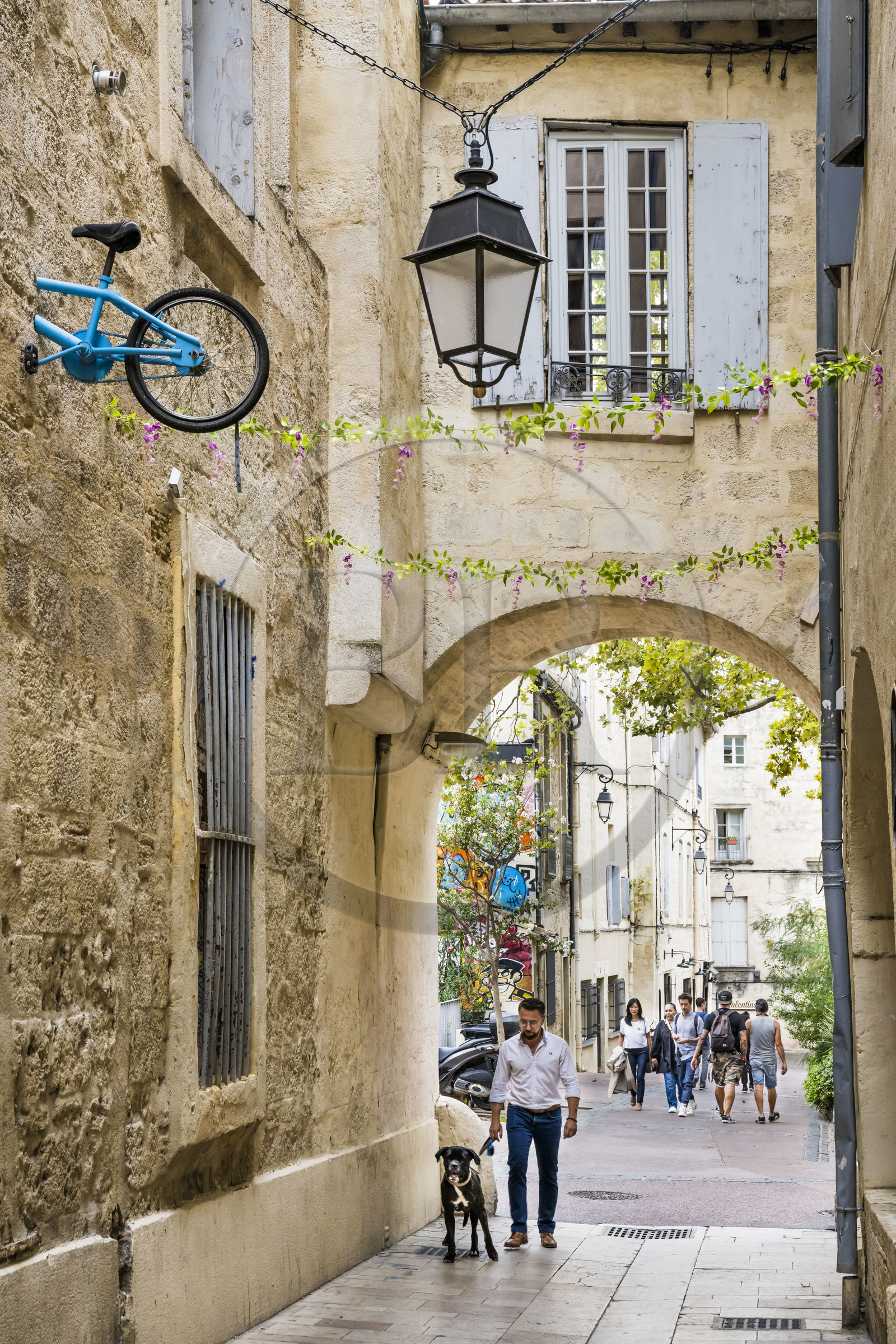 France, Hérault (34), Montpellier, centre historique appelé l’Ecusson, street art rue Voltaire, un des vélos encastrés dans les murs de la ville par l'artiste Monsieur BMX