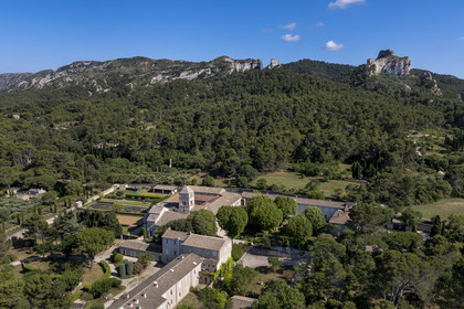 France, Bouches du Rhone, Regional Natural Park of the Alpilles, Saint Remy de Provence, Saint-Paul-de-Mausole monastery, where Van Gogh was interned in 1889-1890, at the foot of the Alpilles massif (aerial view)