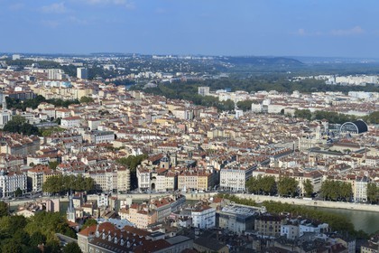 France, Rhone, Lyon, historical site listed as World Heritage by UNESCO, the slopes of the Croix Rousse hill and the Saint-Paul district in the Vieux Lyon in the foreground