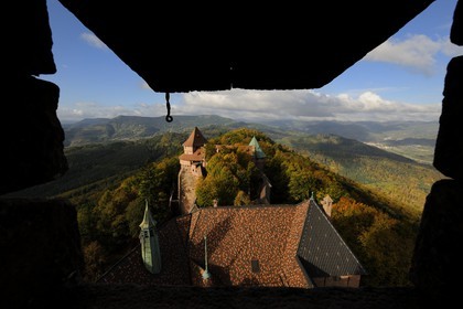 France, Bas Rhin, Orschwiller, Alsace Wine Road, Haut Koenigsbourg Castle, the great Bastion overlooking the forest around and the upper garden