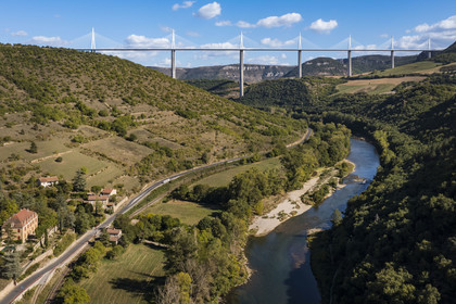 France, Aveyron, Grands Causses regional natural park, Peyre, the Millau viaduct by architects Michel Virlogeux and Norman Foster, above the Tarn river (aerial view)