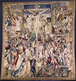 France, Haute-Loire (43), Parc naturel régional Livradois-Forez, l'abbaye de La Chaise-Dieu, tapisseries de la tenture de choeur, ensemble des 14 tapisseries flamandes réalisées au XVIe siècle retraçant des récits bibliques issus de l’Ancien et du Nouveau Testament, le sacrifice d'Isaac puis La Crucifixion et le serpent d'airain